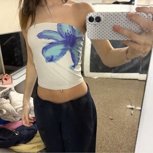 Floral Strapless Top - White and Blue